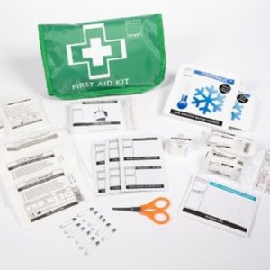 picture of a 40 Piece first aid kit with first aid bandages, wipes and scissors