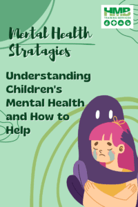 A picture of an upset girl hugging a purple ghost figure.  Writing on understanding children's mental health What are the top 5 strategies for improving a child's mental health